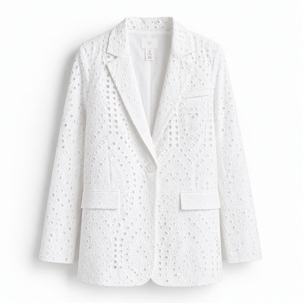 H&M Sz S White Broderie Anglaise Eyelet Embroidered Blazer Bridal Resort Relaxed